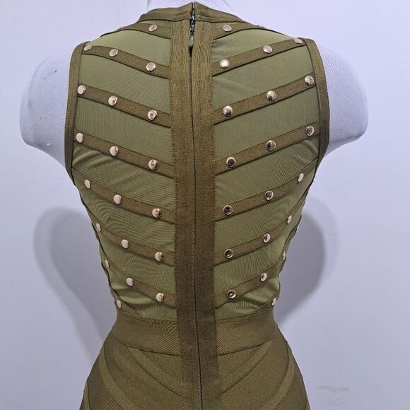 Hera Collection Studded Sexy Illusion  Mesh Bandage Bodycon Small Army Green - Picture 13 of 13